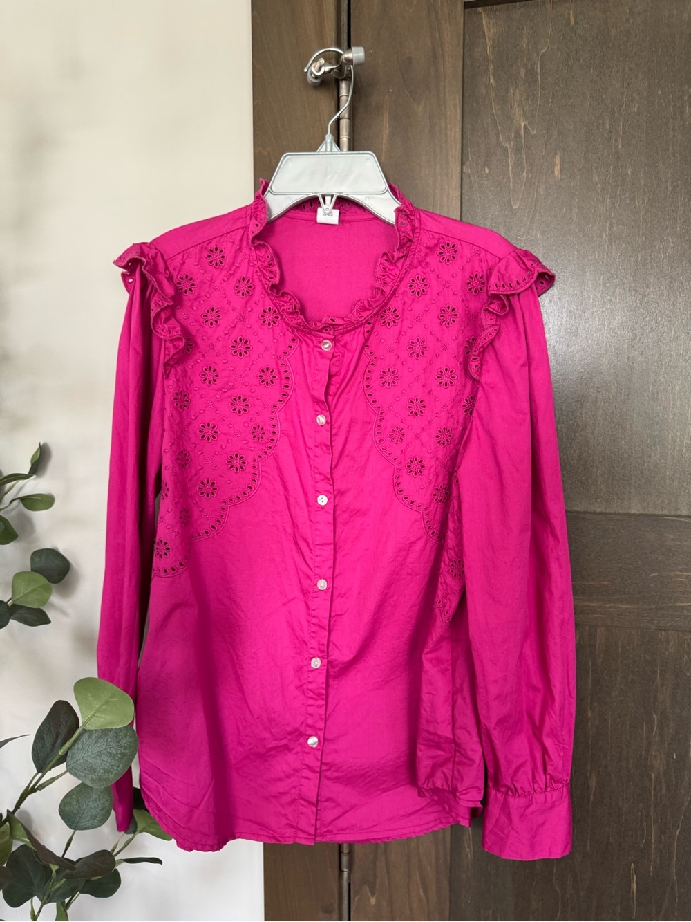 Magenta Eyelet Ruffle Button-Down Top - Picture 1 of 2